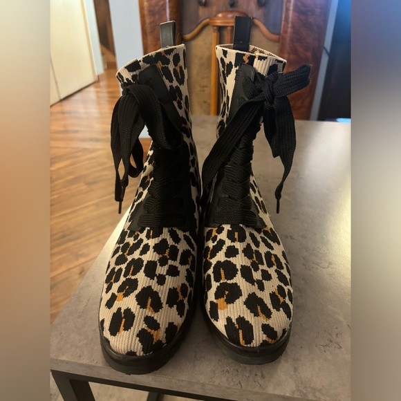 Kate Spade New York Merigue Knit Cheetah Stretch & Combat Lace-up Boots - Picture 1 of 3